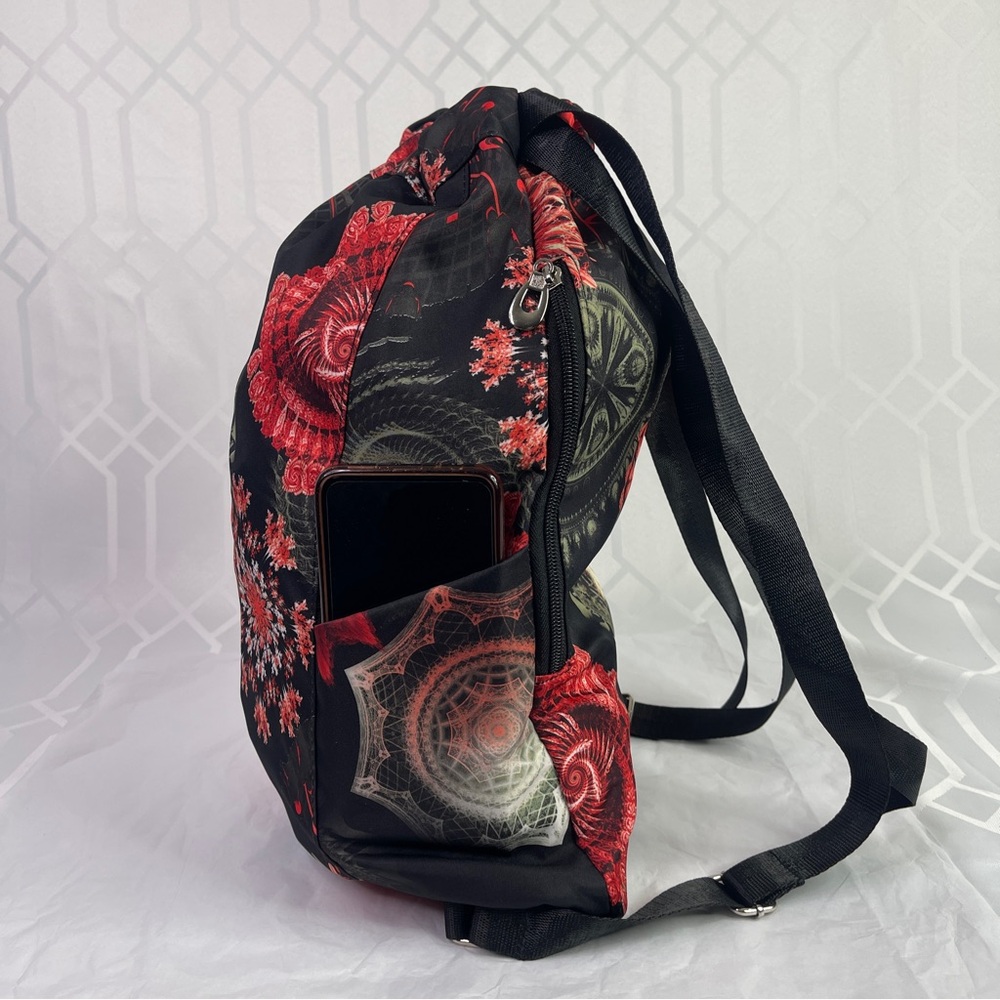 Backpack with drawstring, Black and red color scheme celestial patterns